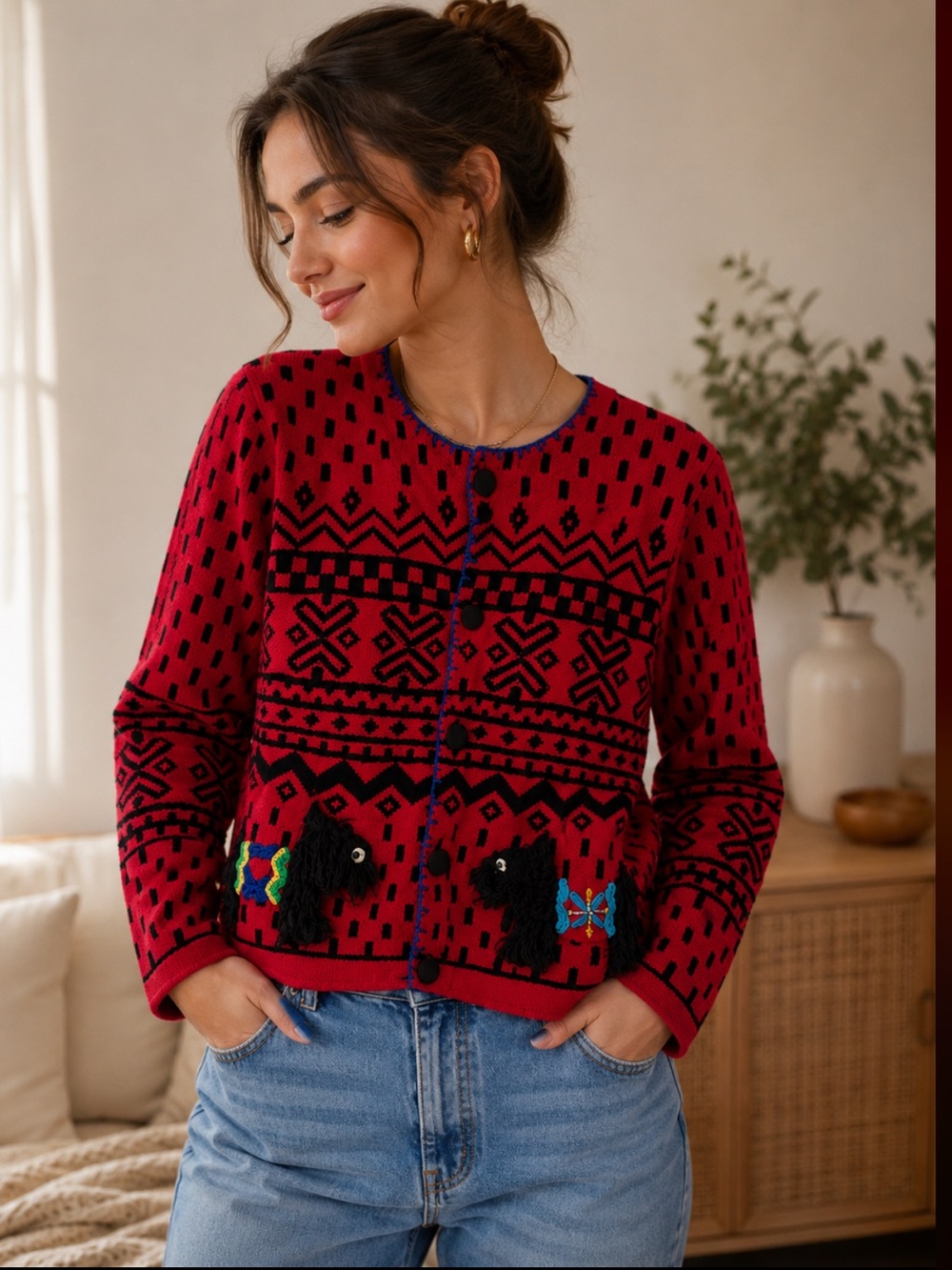 Berek - Scottie dogs - red, black & blue cardigan - beading - size M